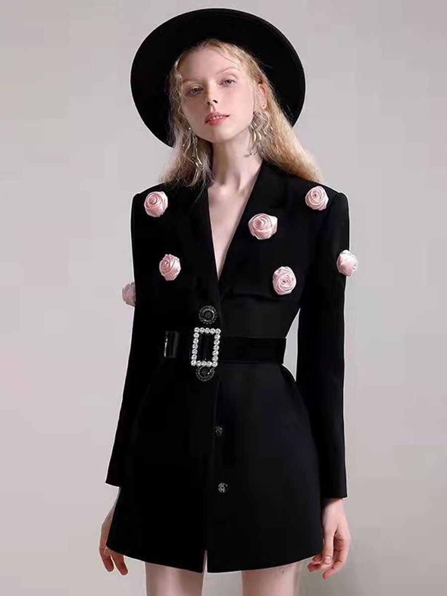 Traje de flores bordadas para mujer, prendas de vestir de , con cuello en V, de cintura alta, de un solo pecho, abrigos de oficina, color negro: XL(58-64kg)