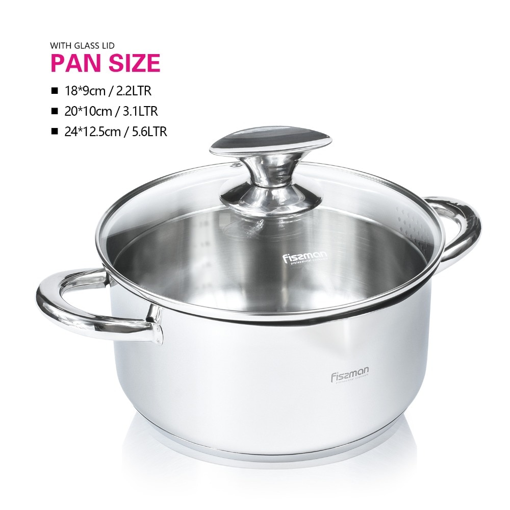 Fissman Braadpan Met Glazen Deksel Twee Side Handvatten 304 Rvs Inductie Bodem Stockpots