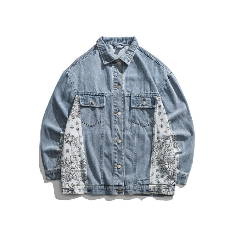 Chaqueta vaquera con estampado de flores de anacardo para hombre y mujer, ropa informal de algodón estilo Hip Hop, con retazos de bloque de Color, para otoño,: Sky Blue / XL