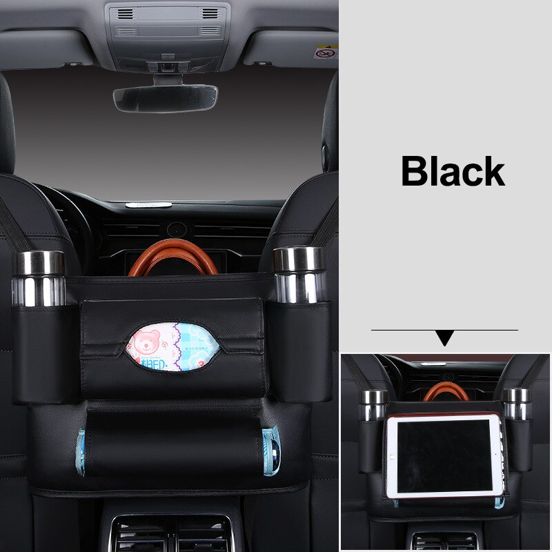 Autostoel rugleuning hangende opbergruimte stoel organizer pu lederen tissue opbergzak bekerhouder opbergen opruimen accessoires voor autostoelen: Zwart