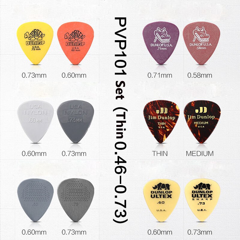 12 stk/sæt originale dunlop akustiske guitar picks plectrum nylon celluloid elektrisk glat guitar pick tilbehør: Pvp 101(0.46-0.73mm)