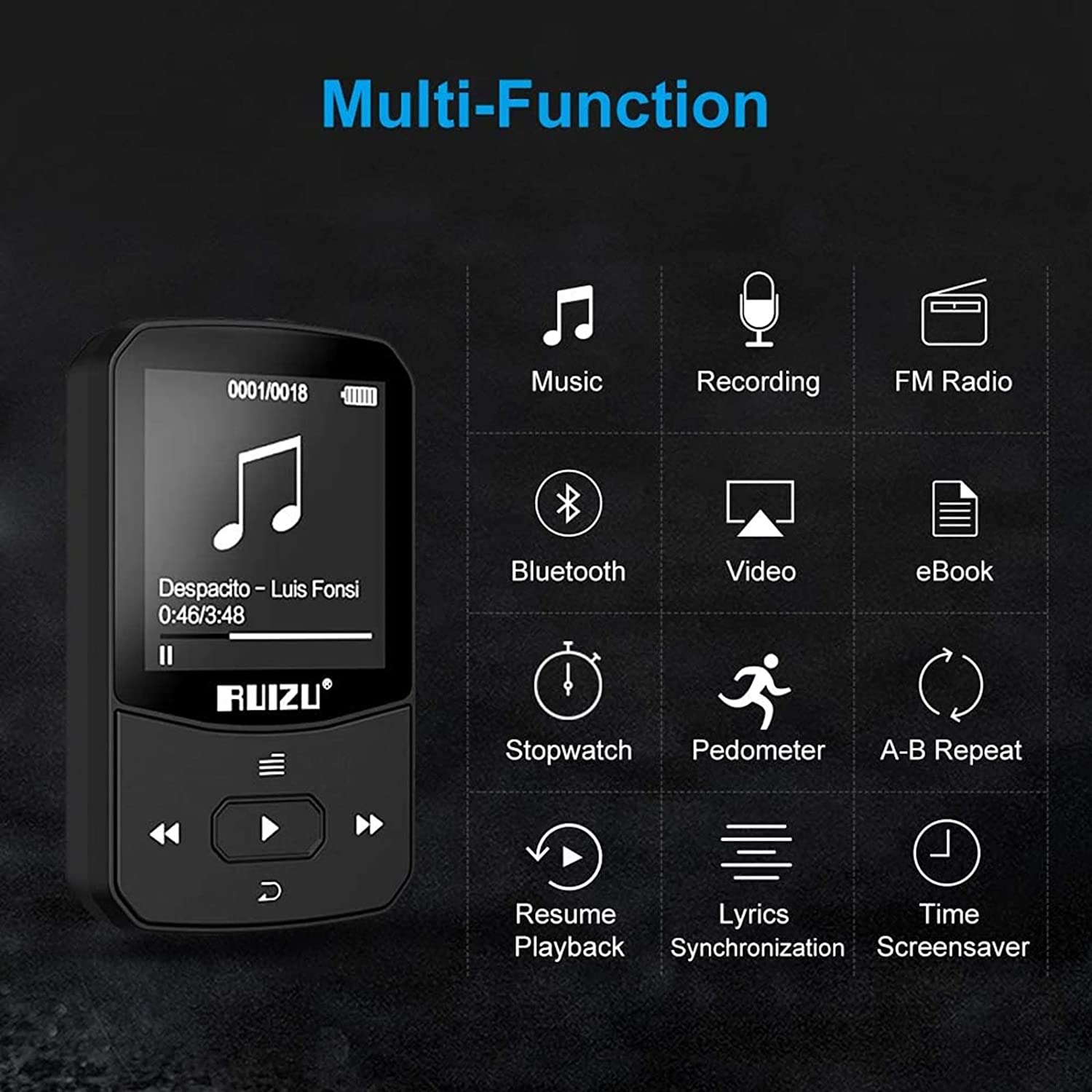 RUIZU X52 Sportowy odtwarzacz MP3 Bluetooth Przenośny klips Mini Walkman z obsługą ekranu FM, nagrywanie, zegar, radio z krokomierzem
