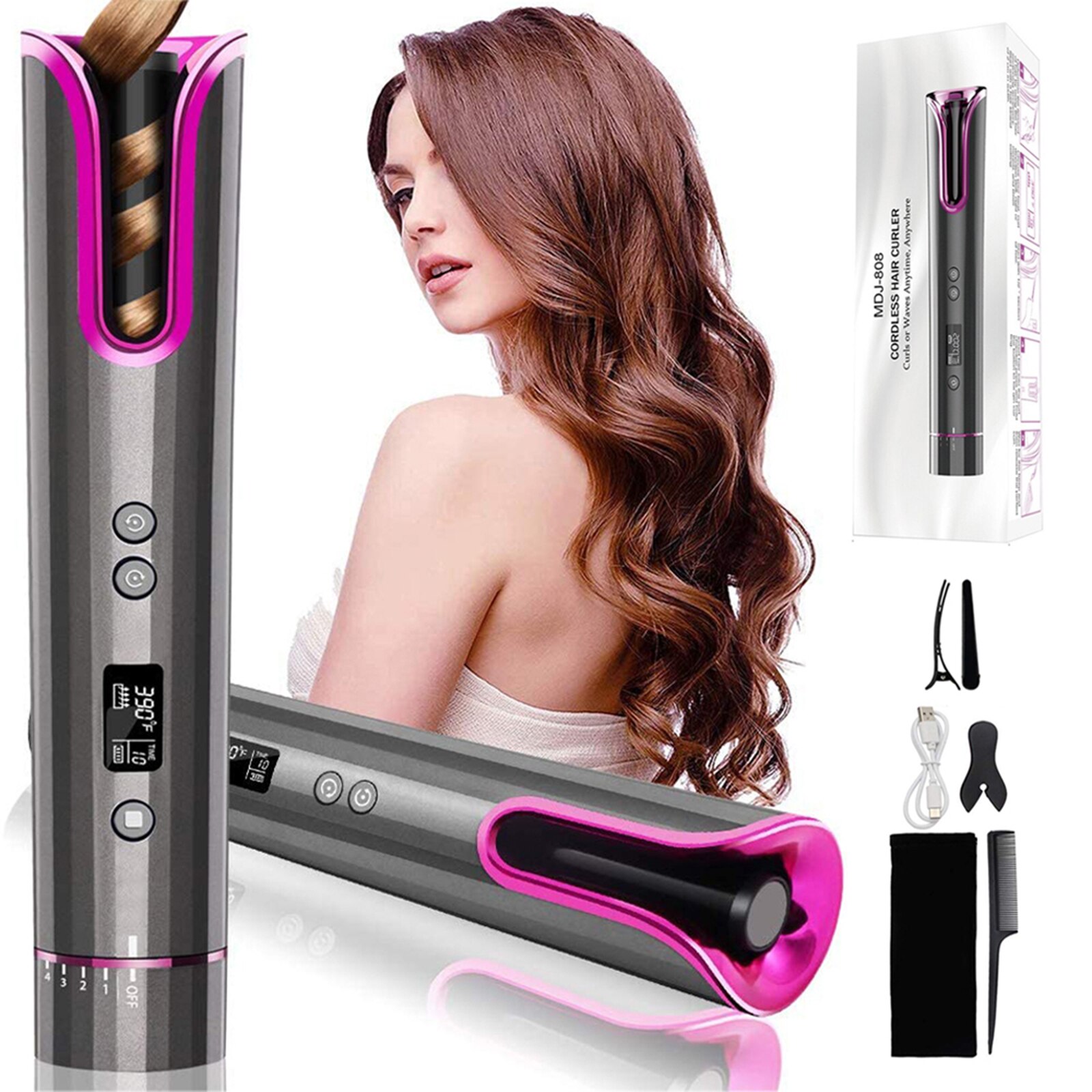 Hair Tools Portable Wireless Automatic Curling Iron Hair Curler USB Rechargeable with LCD Display for Woman