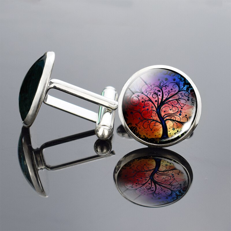 Sølv livets tre kunst trykk mansjettknapper menn mansjettknapper glass cabochon mansjettknapper yinyang tre mansjettknapper bryllupsnåler smykker