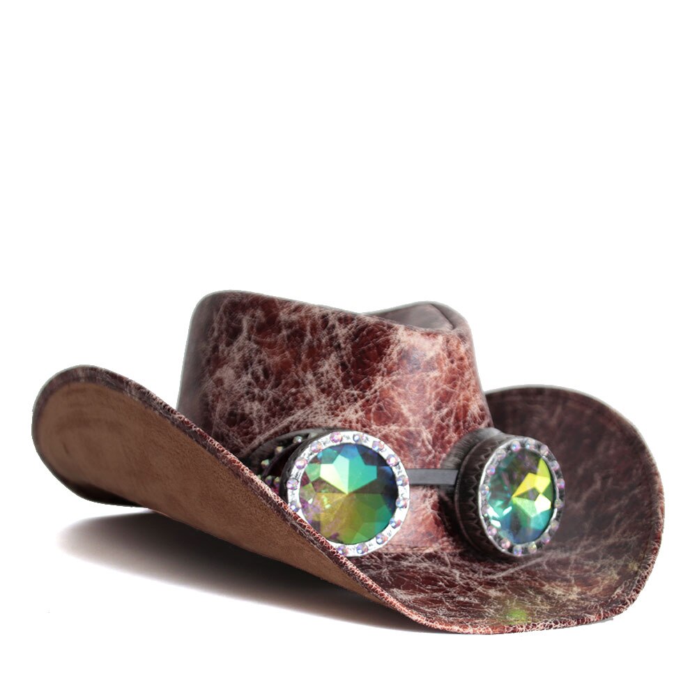 Men Women Leather Western Cowboy Hats With Punk Glasses Jazz Hat Sombrero Hombre Cowgirl Hat Size 58-59CM