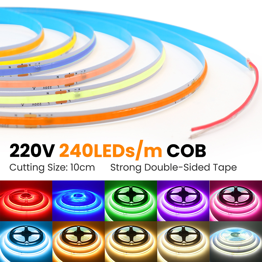 Led-stripe cob 220v høy lysstyrke 5m 10m 20m 50m fleksibel lysbånd med ic-likeretter 230v 240v ac 240 led/m lineær belysning