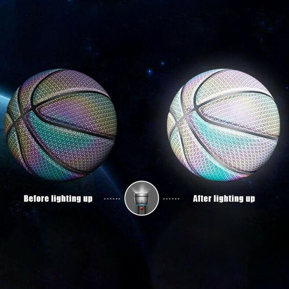 Größe 75 leuchtender basketball, holografisch reflektierend, blitzball, pu-abriebfest, leuchtender basketball für nachtsportspiele