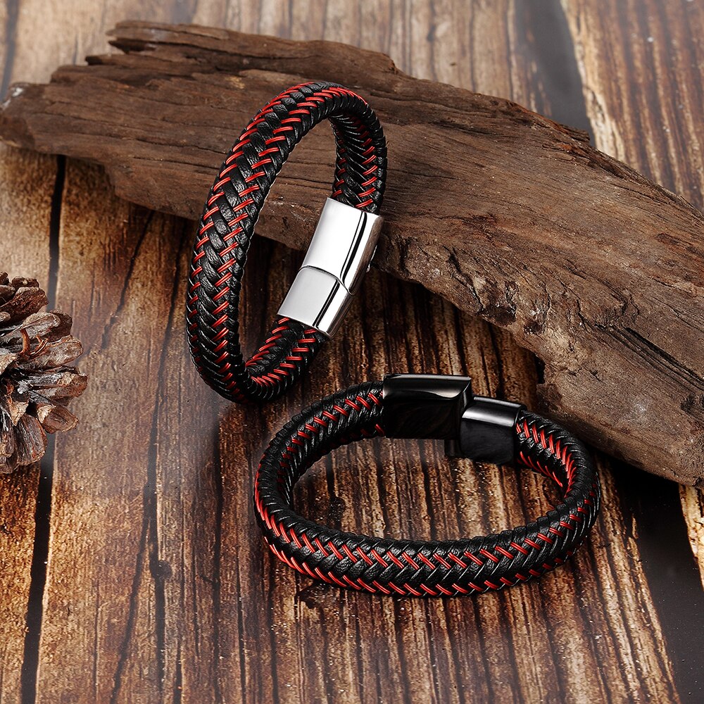 Trendy herre smykker rødt flettet læder reb armbånd sort magnetisk spænde armbånd punk armbånd herre