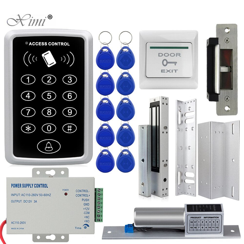 Door Access Control System Kit RFID Access Control Keypad + Power Supply + Electric Magnetic Lock Bolt Strike Locks + 10pcs Keys