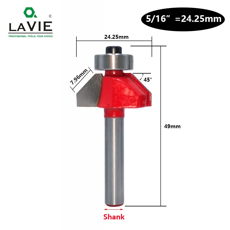 LAVIE 1pc 6mm 6.35mm Shank 45 Graden Afschuining Router Beetje Edge Vormen Bevel Houtbewerking Frees voor hout Bits MC01130: 24.25mm / 6mm Shank