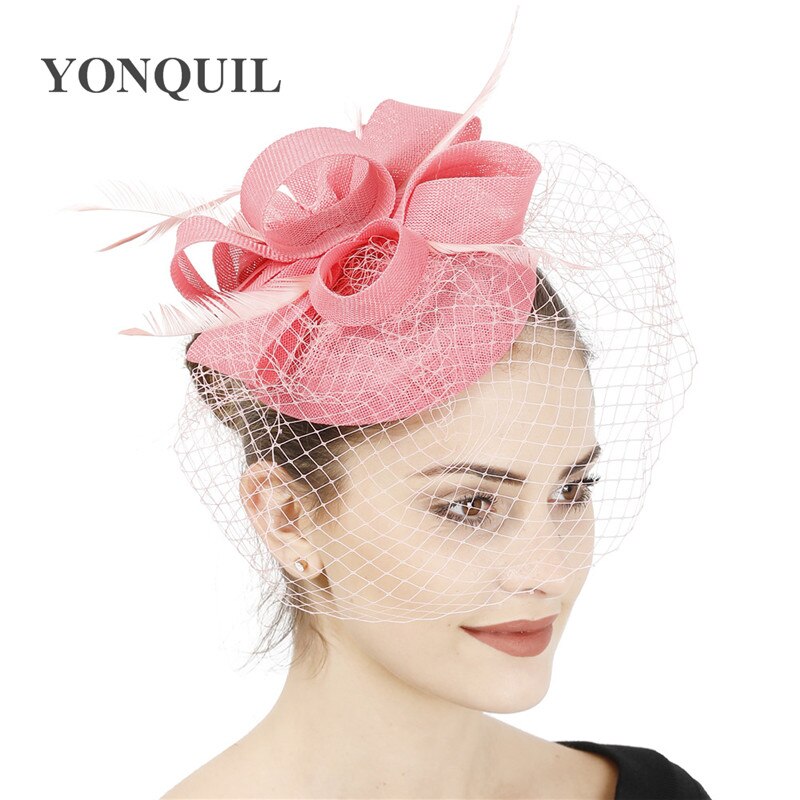 Bruid Bruiloft Witte Hoofddeksel Elegante Dames Mariage Mesh Tovenaar Hoed Fancy Veils Chapeau Cap Mode Kerk Hoofddeksels Womens: Roze