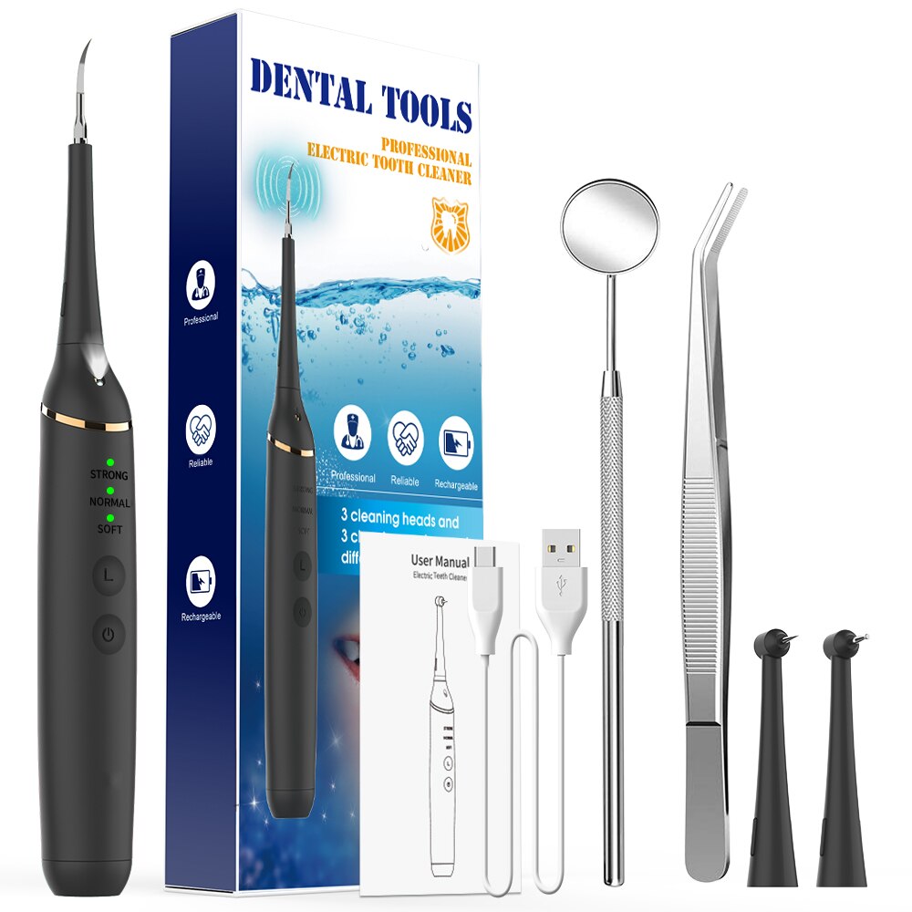 Removedor de cálculo dental elétrico, raspador de tártaro xpreen com 3 cabeças de limpeza-uso doméstico kit de ferramentas de raspador de tártaro incluindo denta: Black