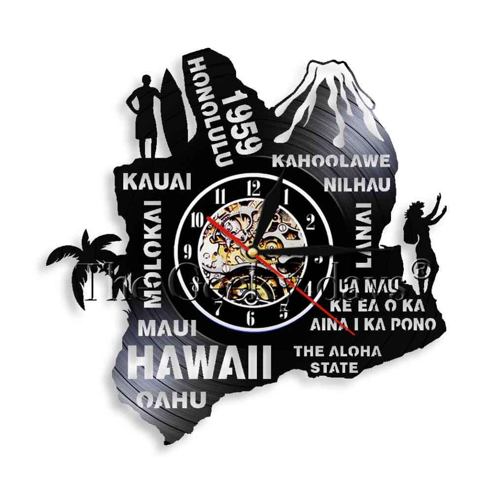 L'aloha state hawaii art horloge murale décorative molokai kauai kahoolawe nilhau hawaii horloge en vinyle 3d montres murales décor: Sans lumière led