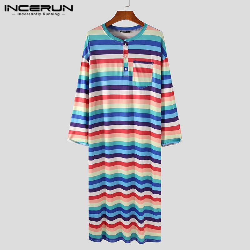 INCERUN Men Robes Striped Colorful Leisure O Neck Long Sleeve Bathrobes Loose Nightgown Comfortable Soft Men Dressing Gown S-5XL