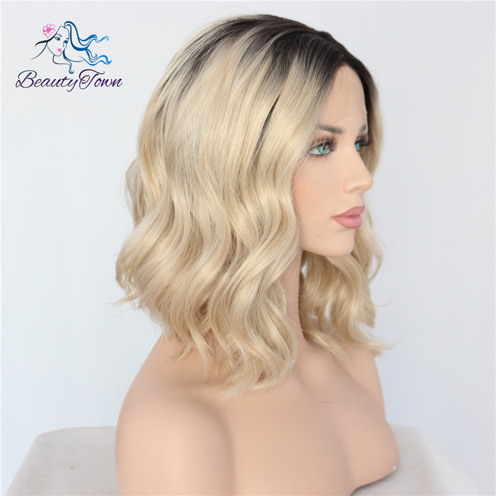 Beautytown kort ombre blond värmetålig handbunden bloggare daglig makeup syntetisk spets front bröllop halloween fest peruk