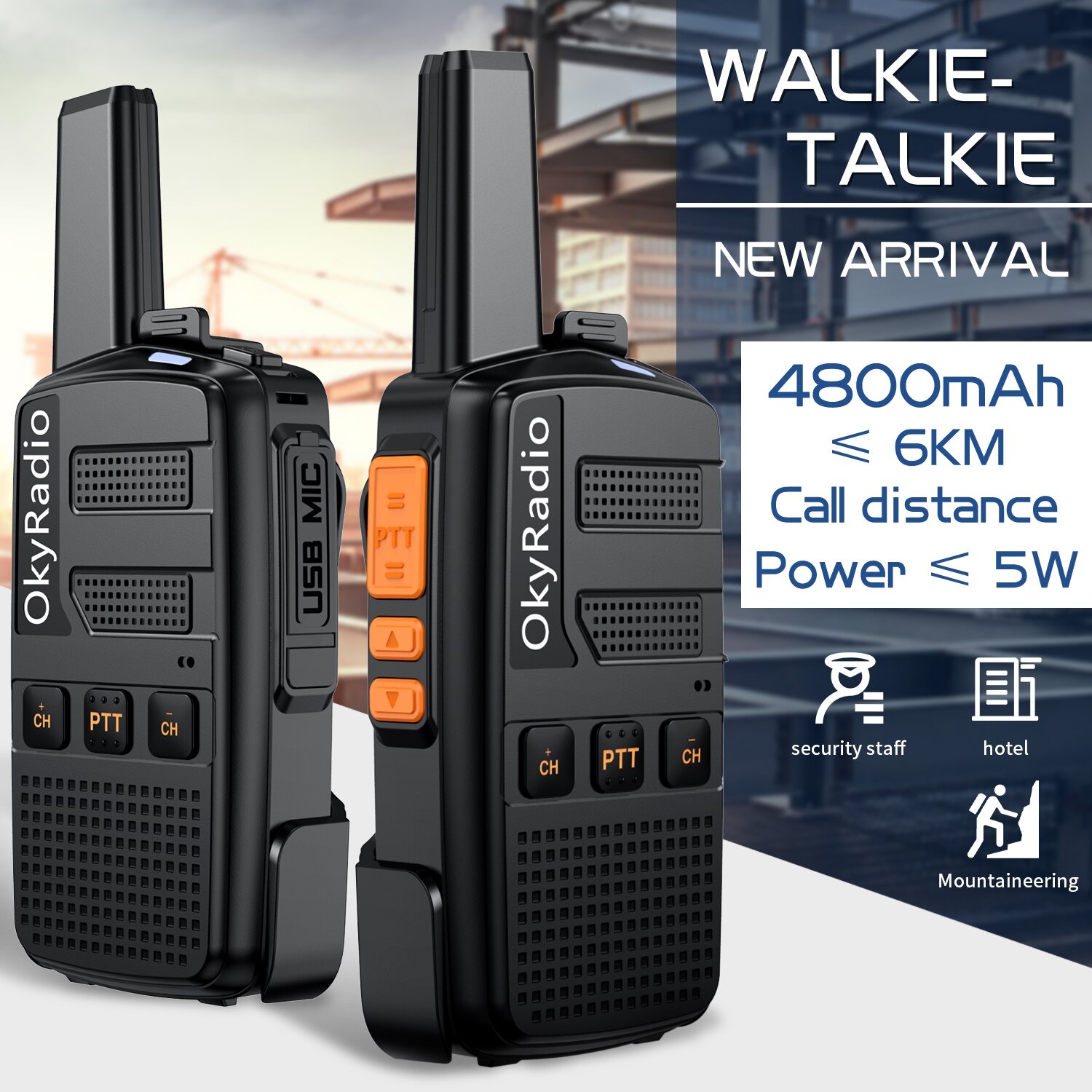 OkyRadio-walkie-talkie portátil, dispositivo resistente al agua, con llamadas de 6km, batería de 4800mAh, 5w,