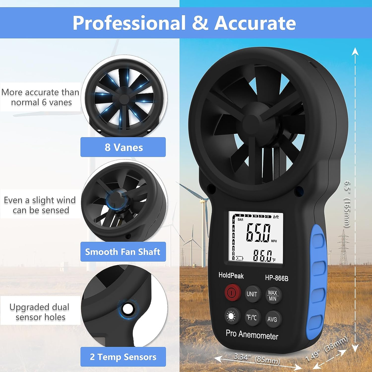 HoldPeak HP-866B Digital Anemometer Handheld Wind Speed Meter for Measuring Wind Speed Temperature and Wind Chill with Backlight