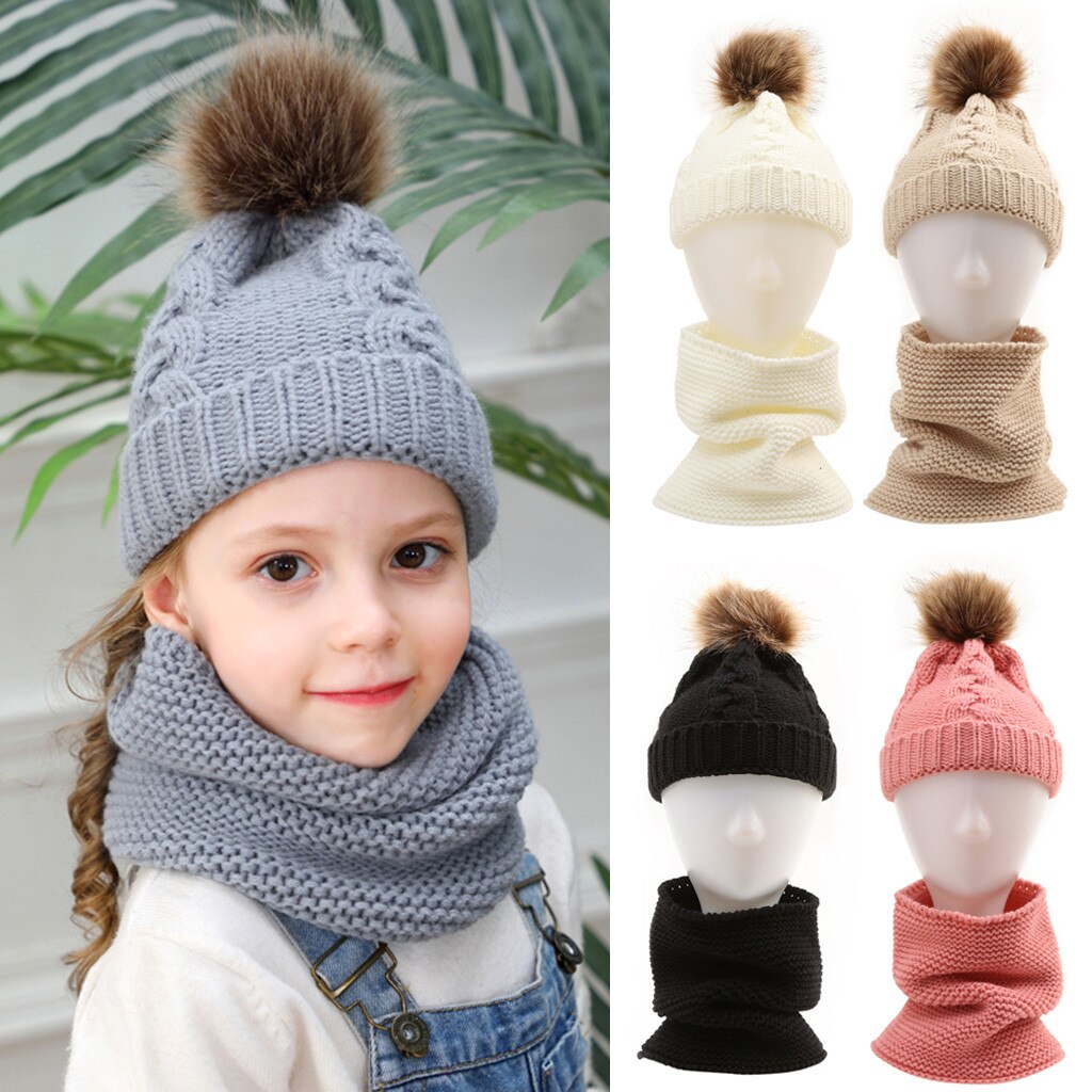 Nette Baby Hütte Schal einstellen Winter freundlicher Gestrickte Kappe Schal Warme Halstuch Winter Hütte Junge Mädchen Häkeln Hüte Kappen schals