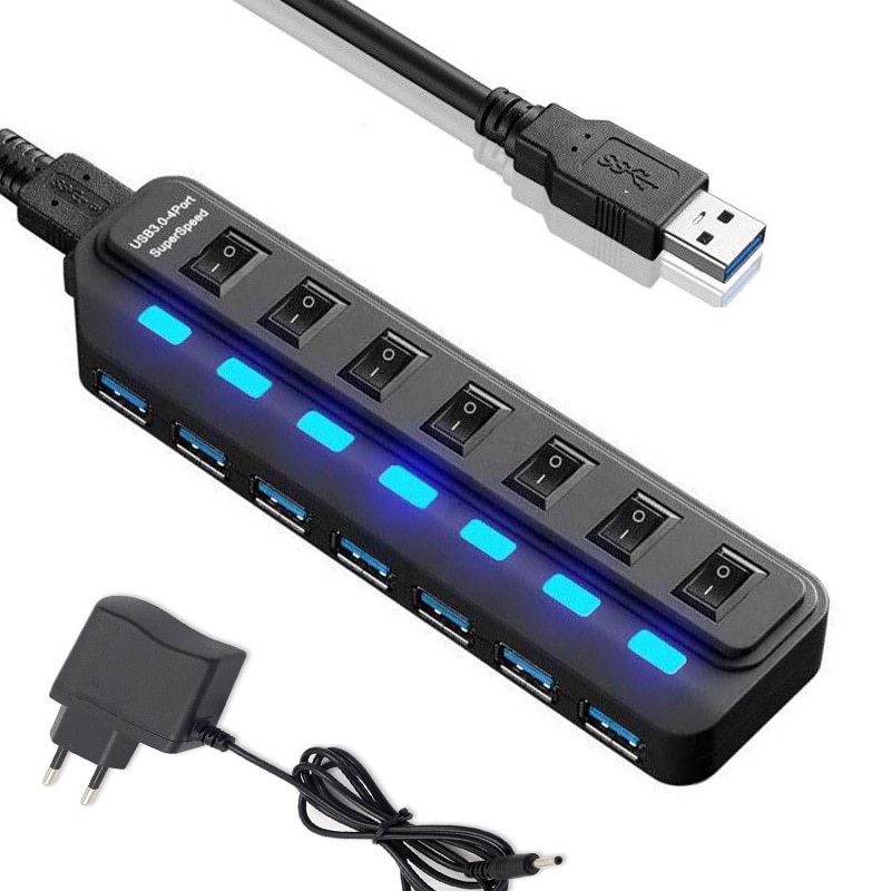 Usb 3.0 hub multi usb splitter 7 havn utvider flere usb 3 hab bruk strømadapter usb 3.0 hub med bryter til pc