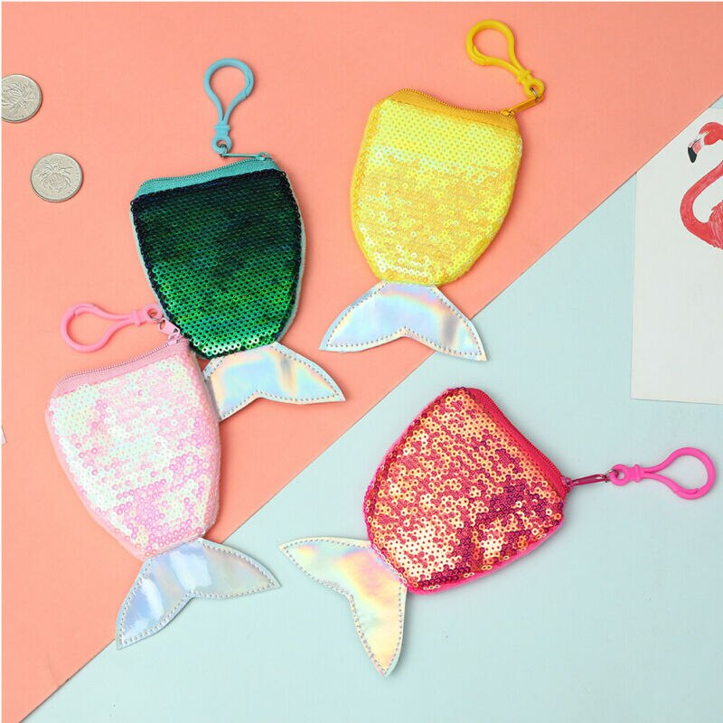 Women Mermaid Tail Sequins Coin Purse Crossbody Bags Holder Wallet Pouch Casual Cartoon Cute Kids Girls Coin Purses