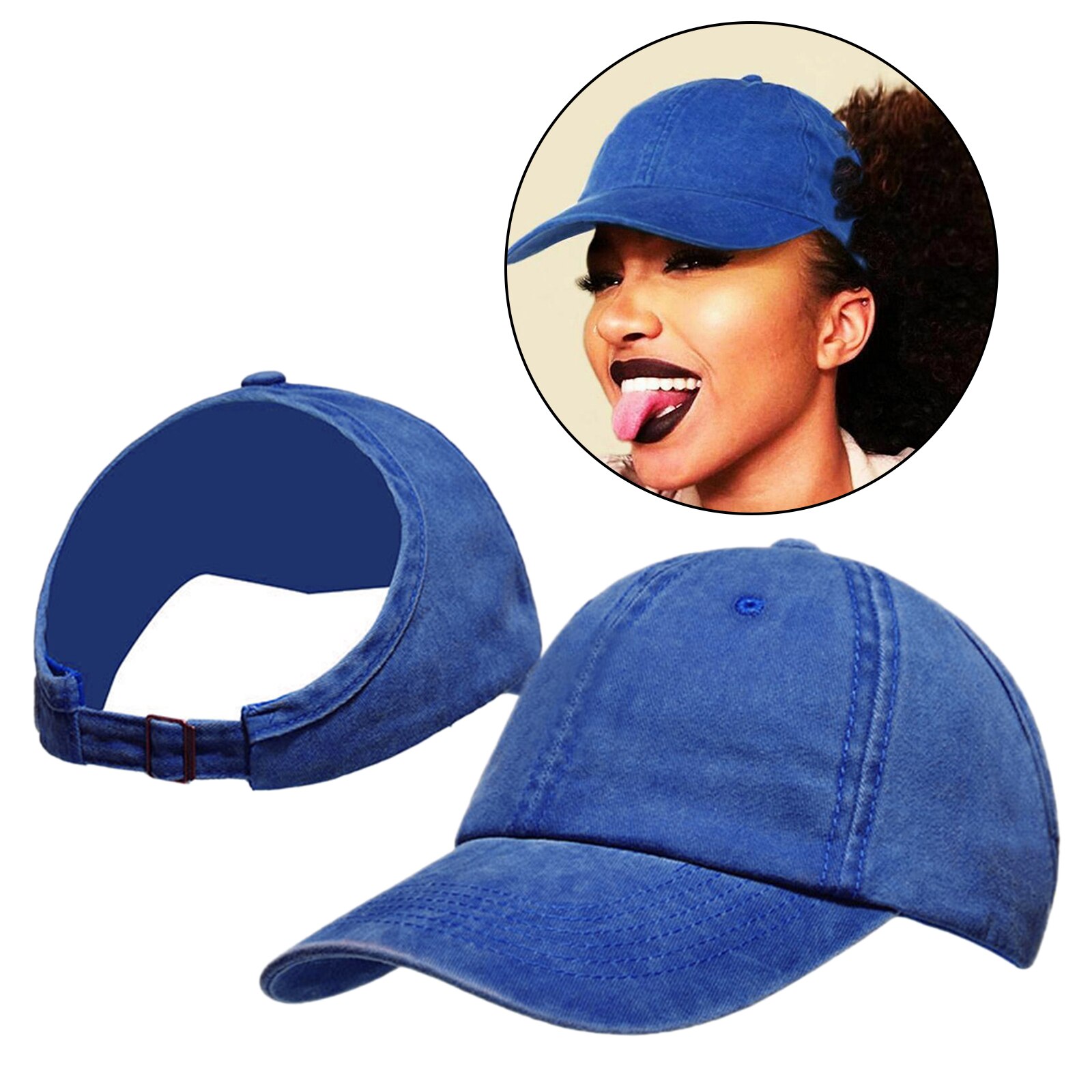 Chapeau de Baseball pour femmes, chignon décoiffé, queue de cheval bouffante, haut, cheveux bouclés, dos nu: Royal Blue