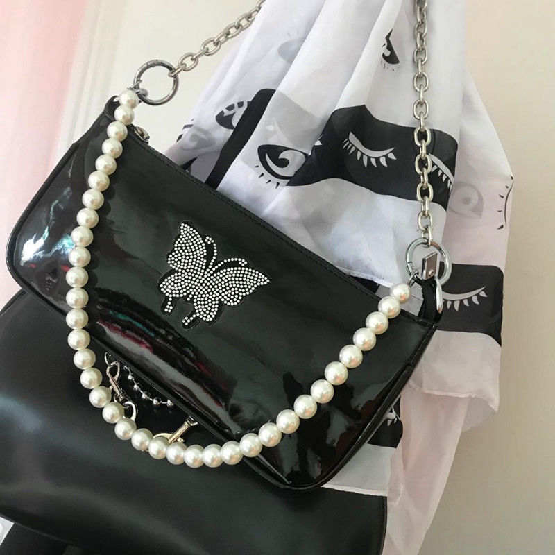 Sommerfugl piger kæde armhule håndtasker vintage sort baguette skuldertaske til kvinder laklæder diamant perle crossbody tasker: Default Title