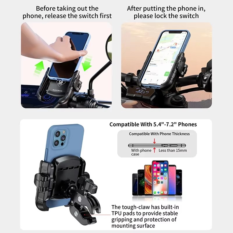 Motorcycle Bicycle Phone Holder Fast Charging USB-C Charger Moto Motorbike Mirror Stand For 4.7-7.2” Smartphones Handlebar Mount