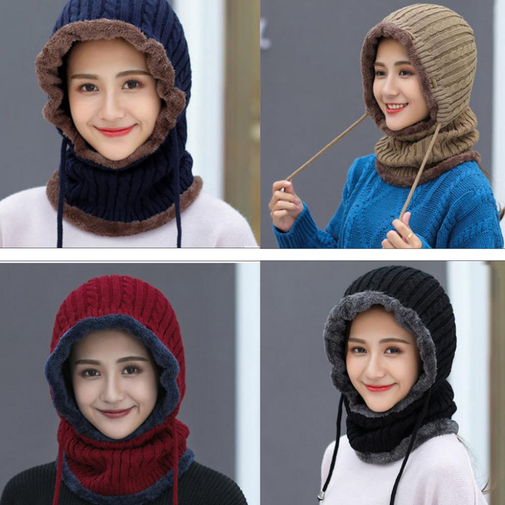 Pasamontañas de punto con Cable para mujer, gorro térmico forrado de felpa, a prueba de viento, con cordón, cubierta completa, capucha, bufanda, Invierno