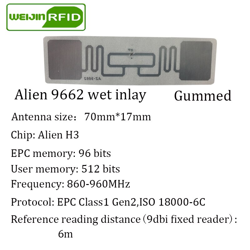 Sticker rfid uhf tag passivo tag impinj alien wet inlay 900 915m 868 860-960mhz VIKITEK EPC c1G2 6c self-adesivo etichetta RF circuito integrato: 73.5x21.2mm wet 9662