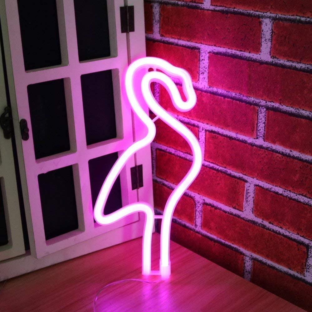 Lámpara de luz LED de neón con de flamenco para niños, lámpara de noche con batería, funciona con USB, para dormitorio, sala de estar, de boda,