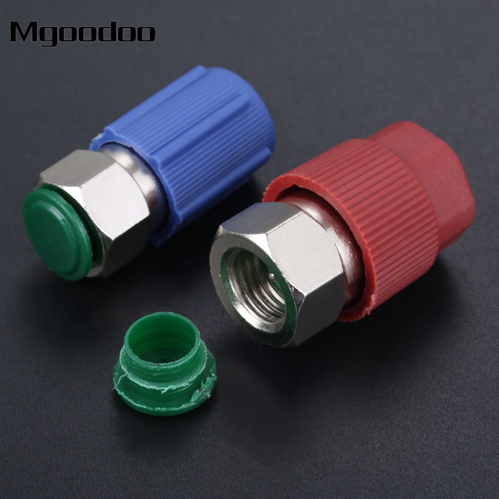 Mgoodoo AC Fitting Port Adapter Retrofit R12 To Accept R134 1/4" To 7/16" High Low Side Quick Coupler W/ Valve Core AC Caps
