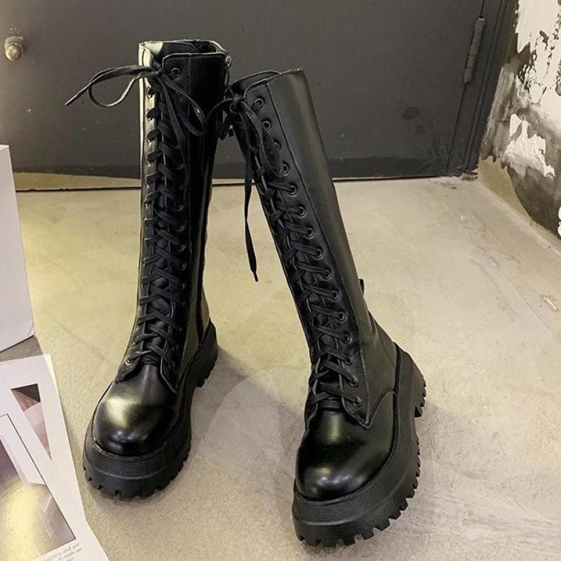 Plate-forme trapue en cuir Pu genou bottes hautes femmes Punk augmentant longue femme à lacets chaussons Mujer fermeture éclair Chelsea