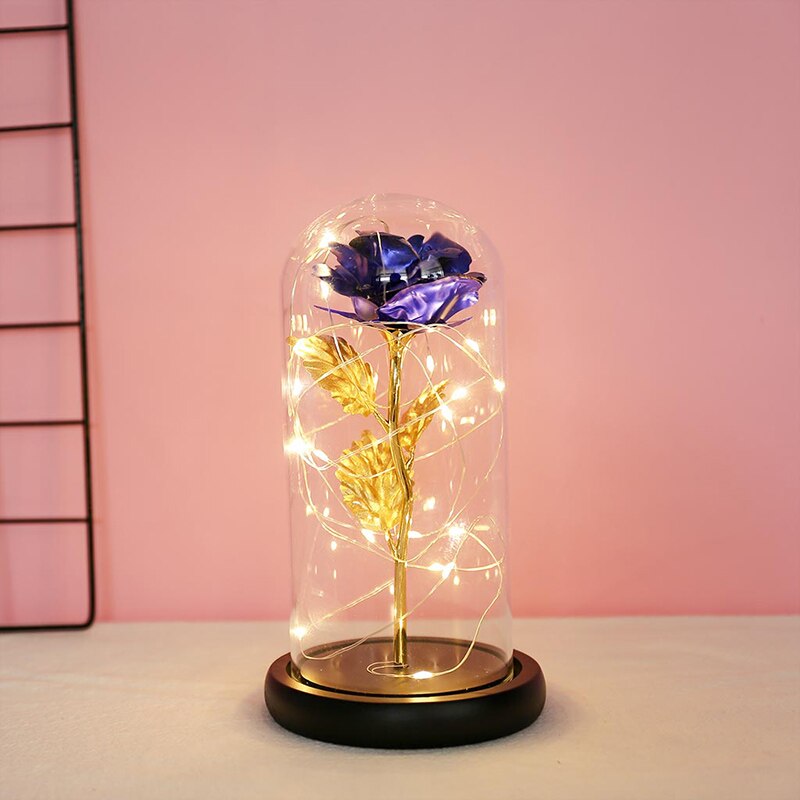 Artificial Eternal Rose LED Light Beauty The Beast Rose Flower In Glass Dome Wooden Base For Decorate Valentine's Day: XOI1075D