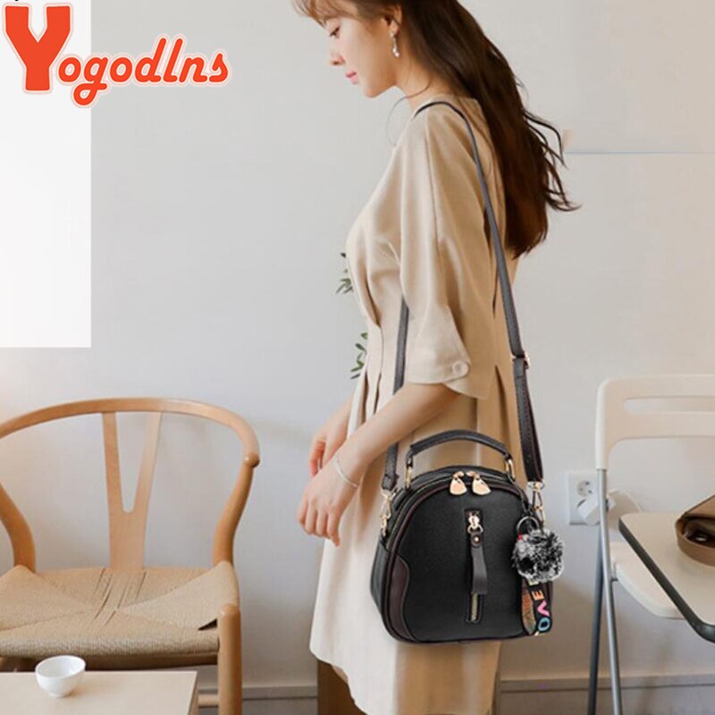 Yogodlns Solid Color Women Shell Bag Portable Shoulder Bag PU Leather Female Bag With Gray Hair Ball