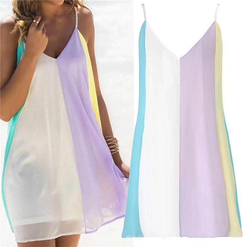 Vestido playero de gasa sin mangas para mujer, vestido playero con tirantes y cuello de pico, con costuras de bloque de Color, para verano