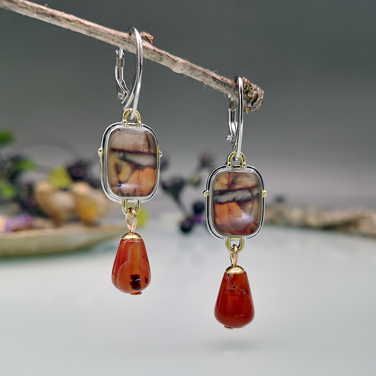 Jahrgang Pendientes Träne Orange verrotten Stein Ohrringe für Frauen Stamm Schmuck Geometrische Marmor aufbringen Tropfen Ohrringe
