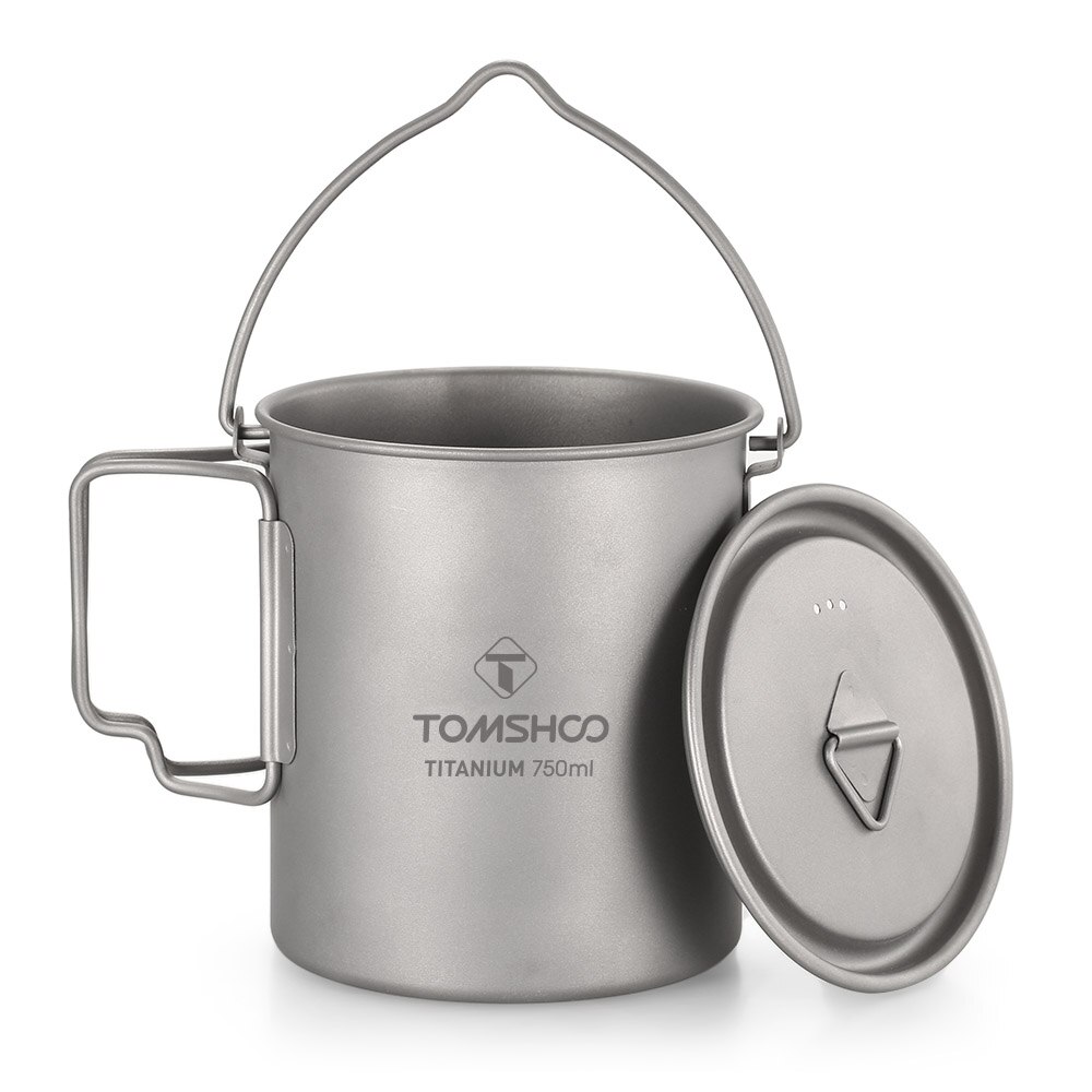 Tomshoo Ultralight 750ml Titanium Pot Portable Titanium Water Mug Cup w/ Lid Foldable Handle Outdoor Camping Picnic Supplies