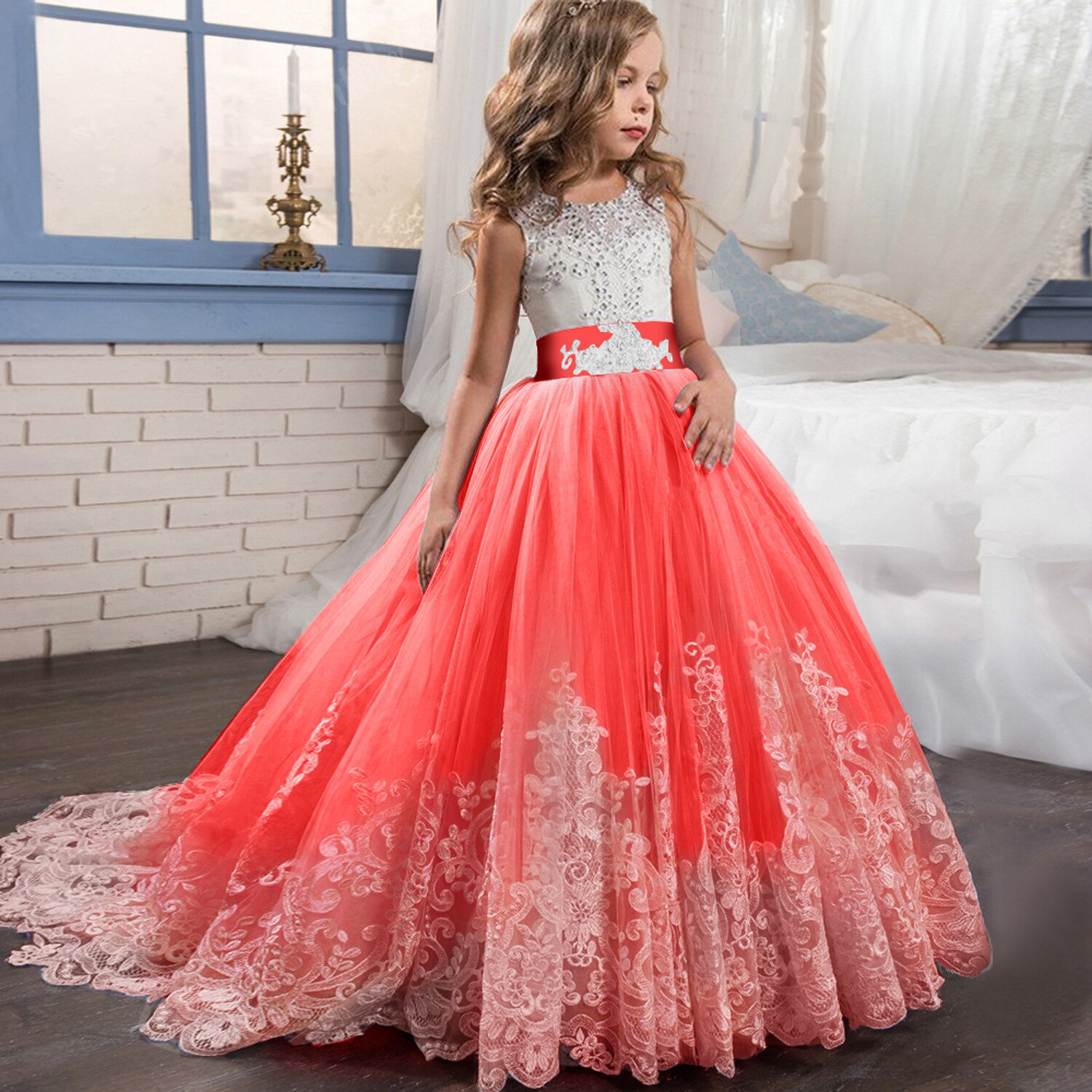 Princesse filles robe jupe enfants Noble montre robe à manches longues un mot épaule traînant jupes: 4 / height 170cm