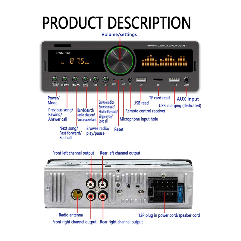Autorradio estéreo de un solo Din para coche, asistente de voz, receptor de Audio Bluetooth/llamadas manos libres, Radio AM/FM
