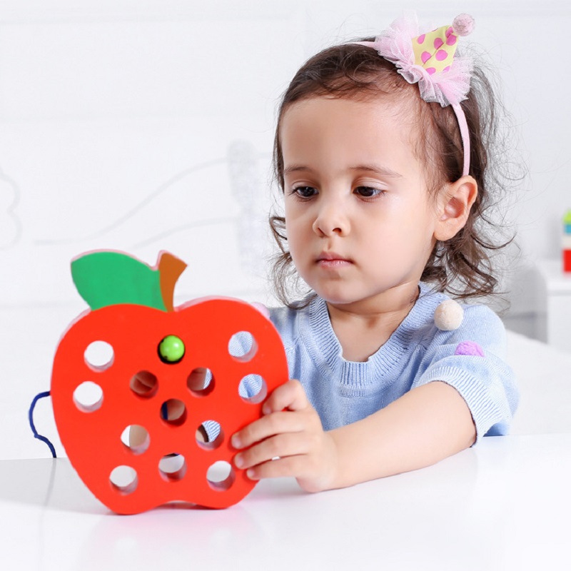 Hout Warm Vetersluiting Threading Big Apple Educatief Speelgoed voor Kinderen Houten Leren Early Development Baby Speelgoed coördineren Hand Ogen