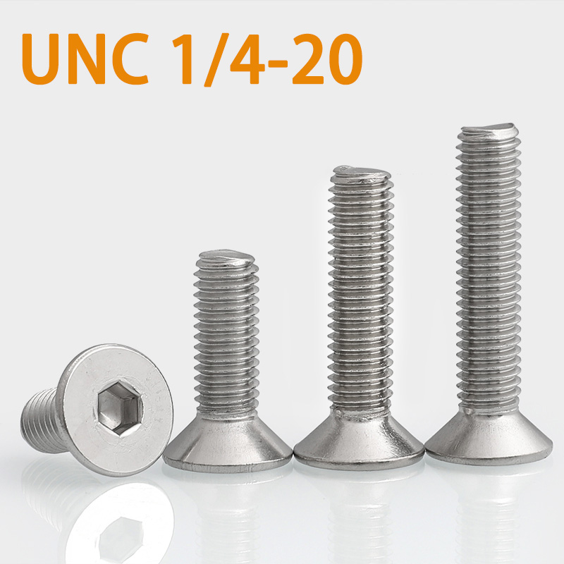 Vis à tête fraisée plate UNC 1/4 – 20 US, filetage de vis, acier inoxydable 304, douille hexagonale, boulon à tête fraisée plate