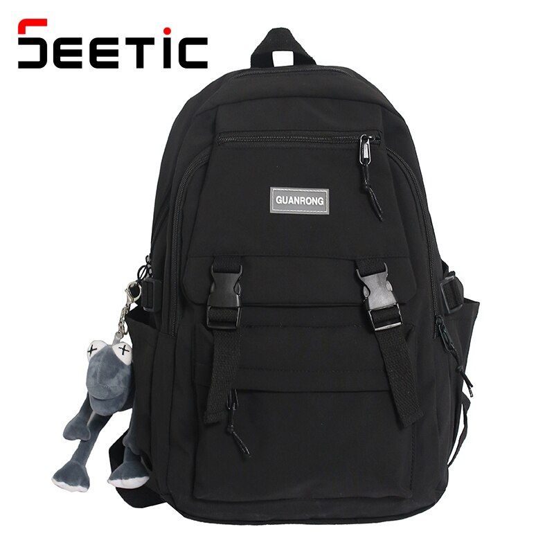 SEETIC Wasserdicht Schule Rucksack Mehrere Taschen Rucksack Weibliche Nylon Anti-Diebstahl Rucksack Frauen Einfarbig Rucksack: Schwarz Rucksack