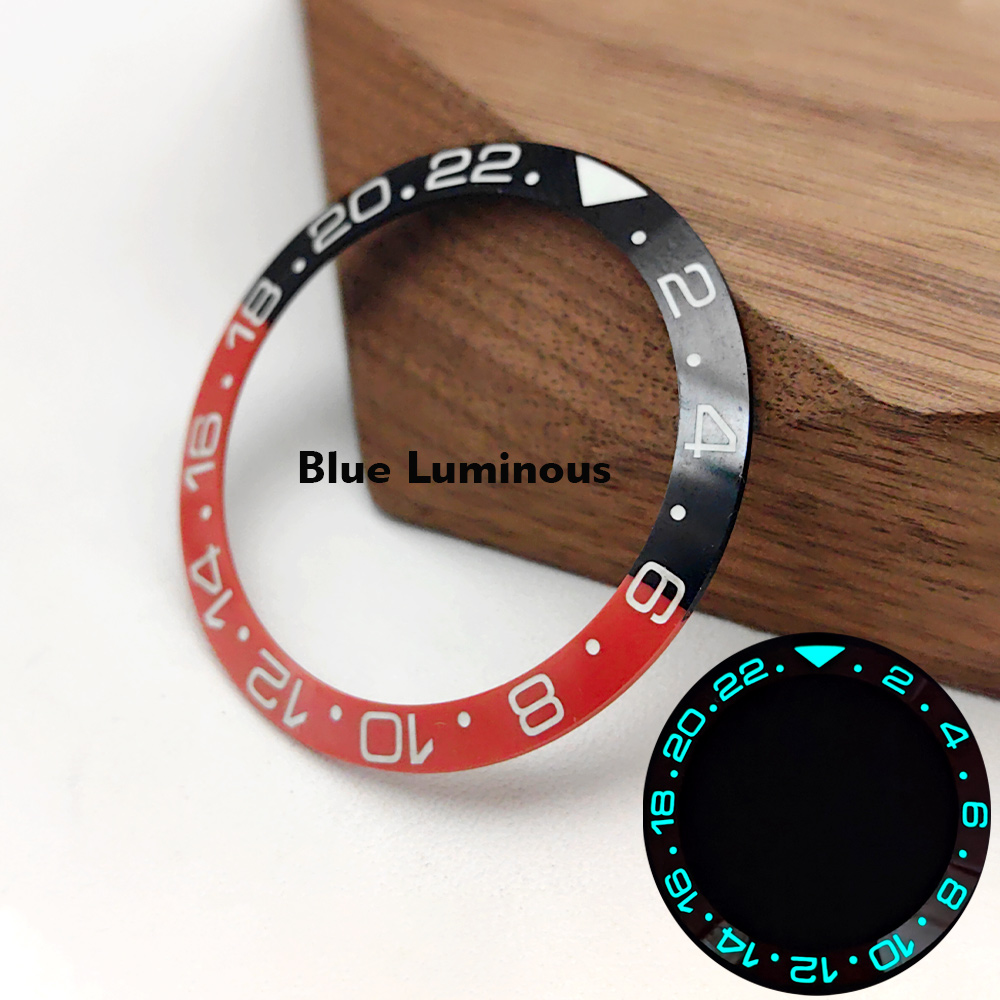 Inserto de bisel de reloj GMT luminoso azul de 38mm apto para SKX007 SRPD GMT caja de reloj NH35 piezas de anillo de inserción de bisel de cerámica: Azul