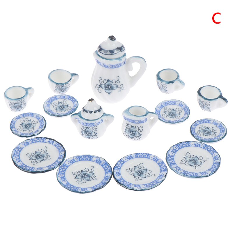 1:12 Miniature 17PCS Porcelain Tea Cup Set Chintz Flower Tableware Kitchen Dollhouse: C