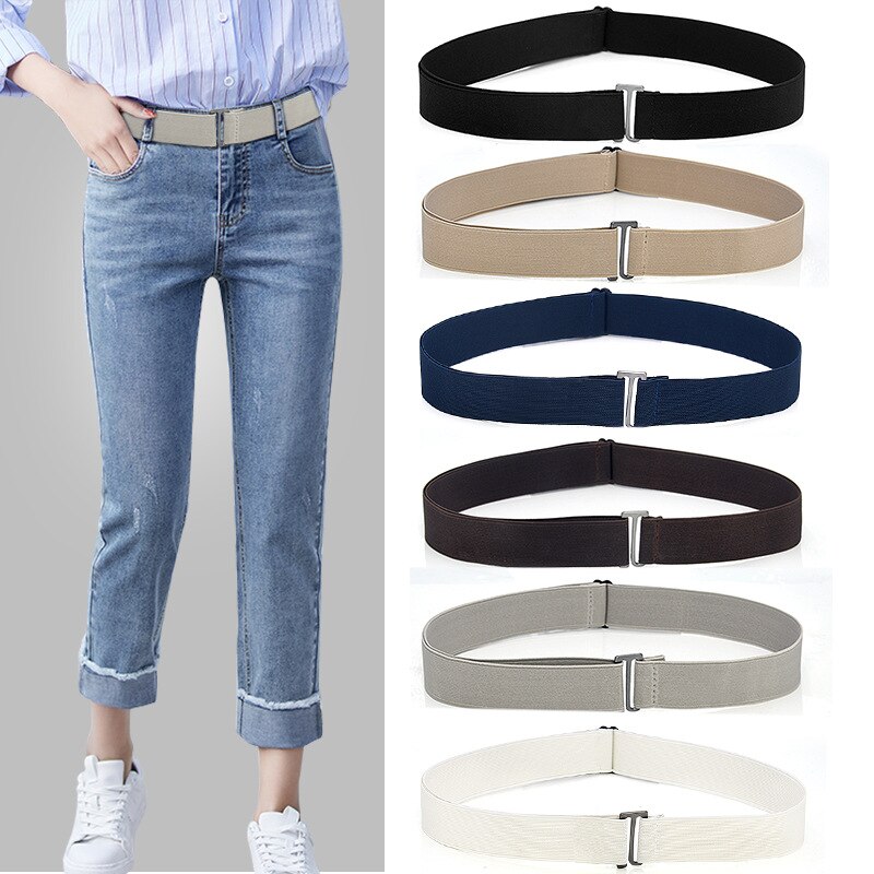 Women's Belt Adjustable Size Flat Buckle Elastic Waist Belt For Women Jeans Pant Belt No Show Stretch Belt Invisible Belt Band