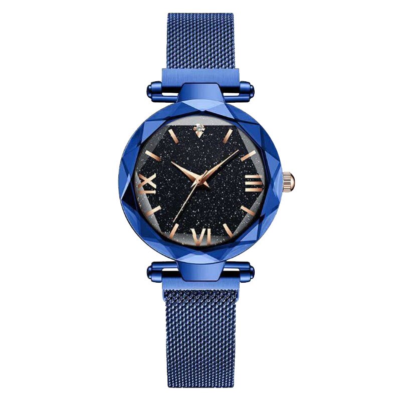 Luxe Vrouwen Horloges Mode Elegante Magneet Gesp Rose Gouden Dameshorloge Sterrenhemel Romeinse Cijfer Meisje Klok: Blauw