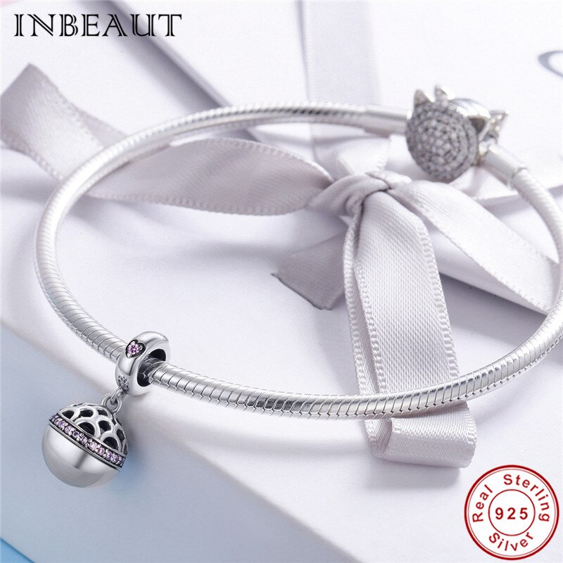 Inbeaut 925 Sterling Zilveren Suprising Liefde Roze Hart Zirkoon Vintage Ronde Openen Box Kralen Charm Fit Armband Meisjes