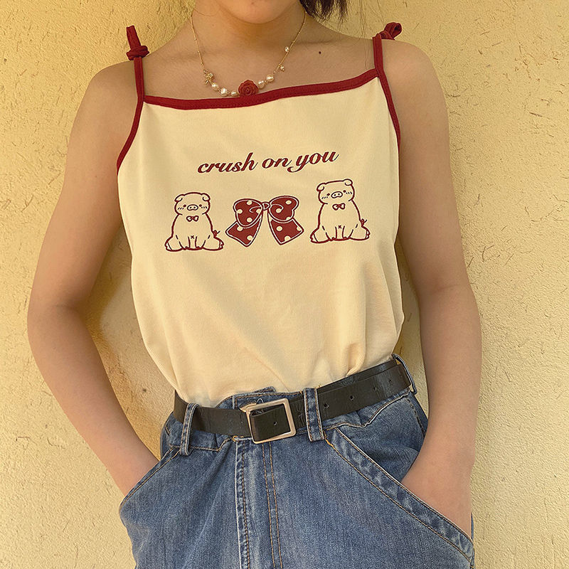 Camisole femmes Kawaii dessin animé japon Style été Chic à lacets femmes sangle recadrée hauts à la tout-match doux filles Camis haut