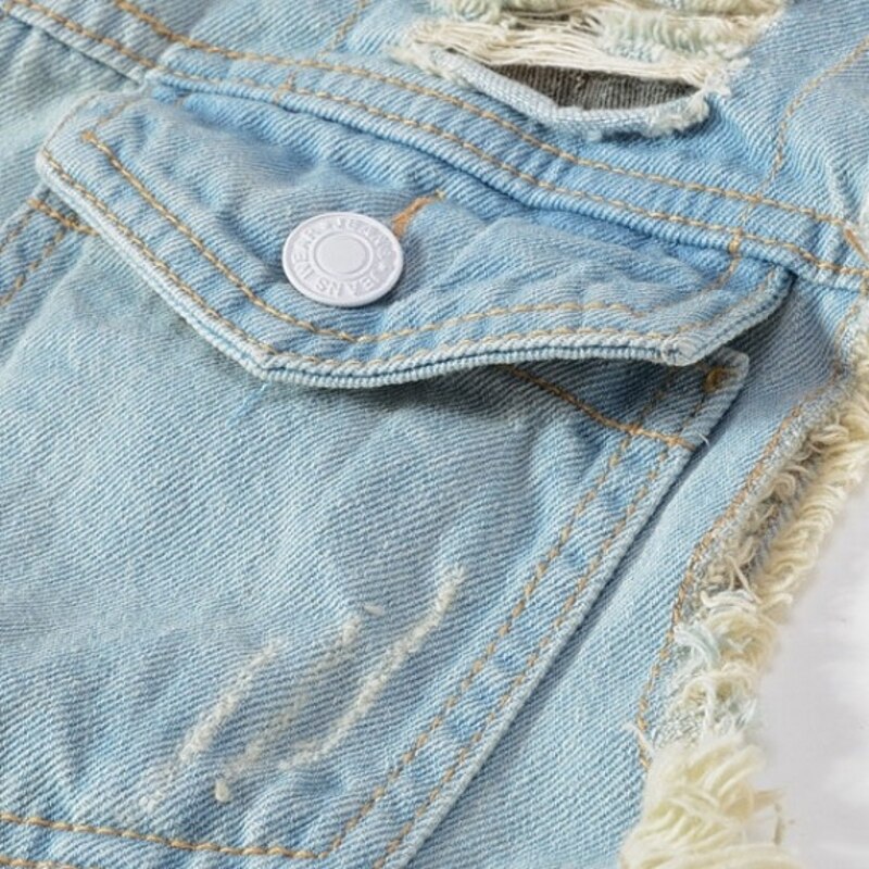 Koreanische Dünne Plus Größe 4XL 5XL Männer Denim Westen Ärmel Ausgefranste Patchwork Loch Jean Jacken Weste Streetwear