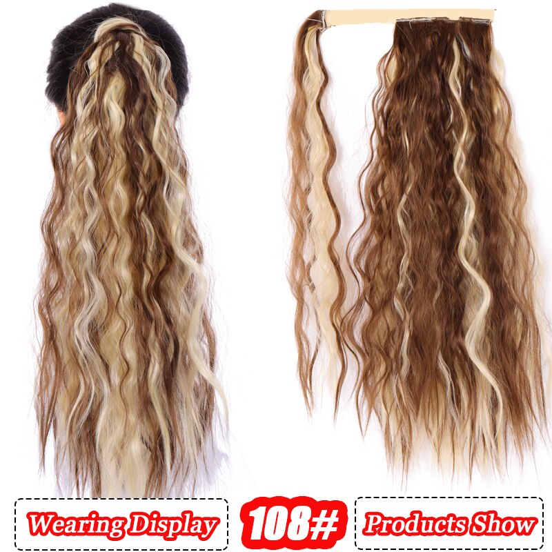 AILIADE Women Long Corn wavy Wrap Around Magic Paste Ponytail Hair Extension Resistant High Temperature Hairpieces Synthetic: P2/613
